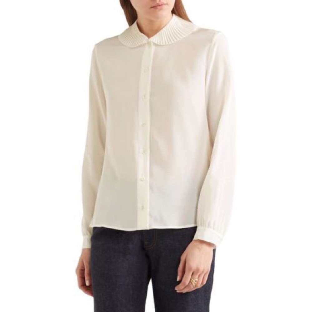 Vanessa Seward Euro 42 Ivory/White Pleated Collar 100% Silk LS Blouse (FLAWED)